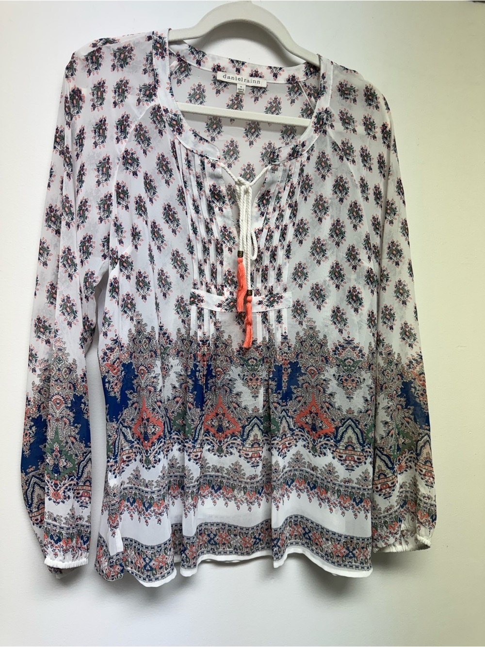 Daniel Rainn White sheer Printed Long-Sleeve Peasant Blouse size M/L